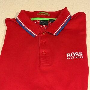Boss Red Polo with Blue & White Striped Collar